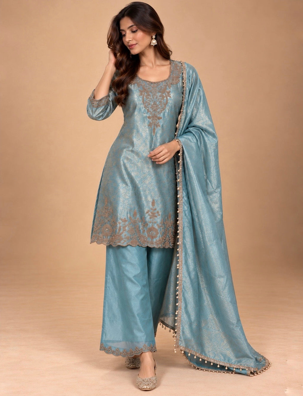 Floral Jacquard Embroidered Palazzo Set