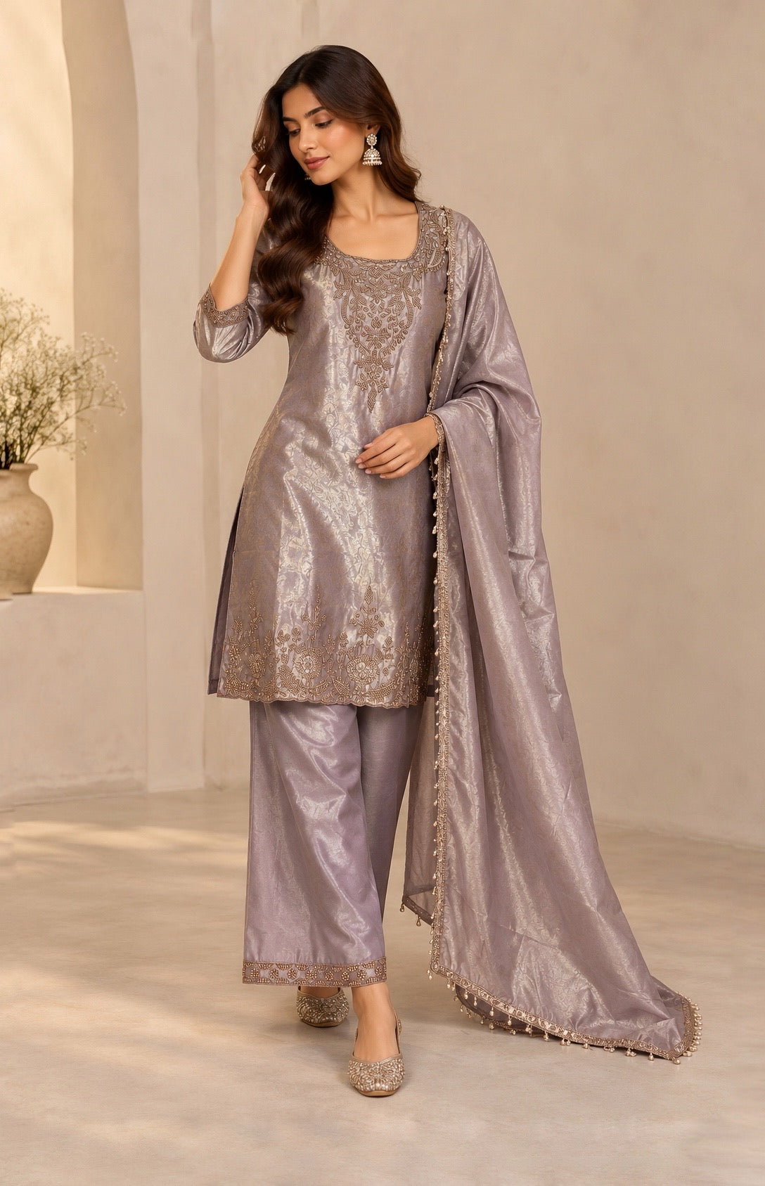 Floral Jacquard Embroidered Palazzo Set