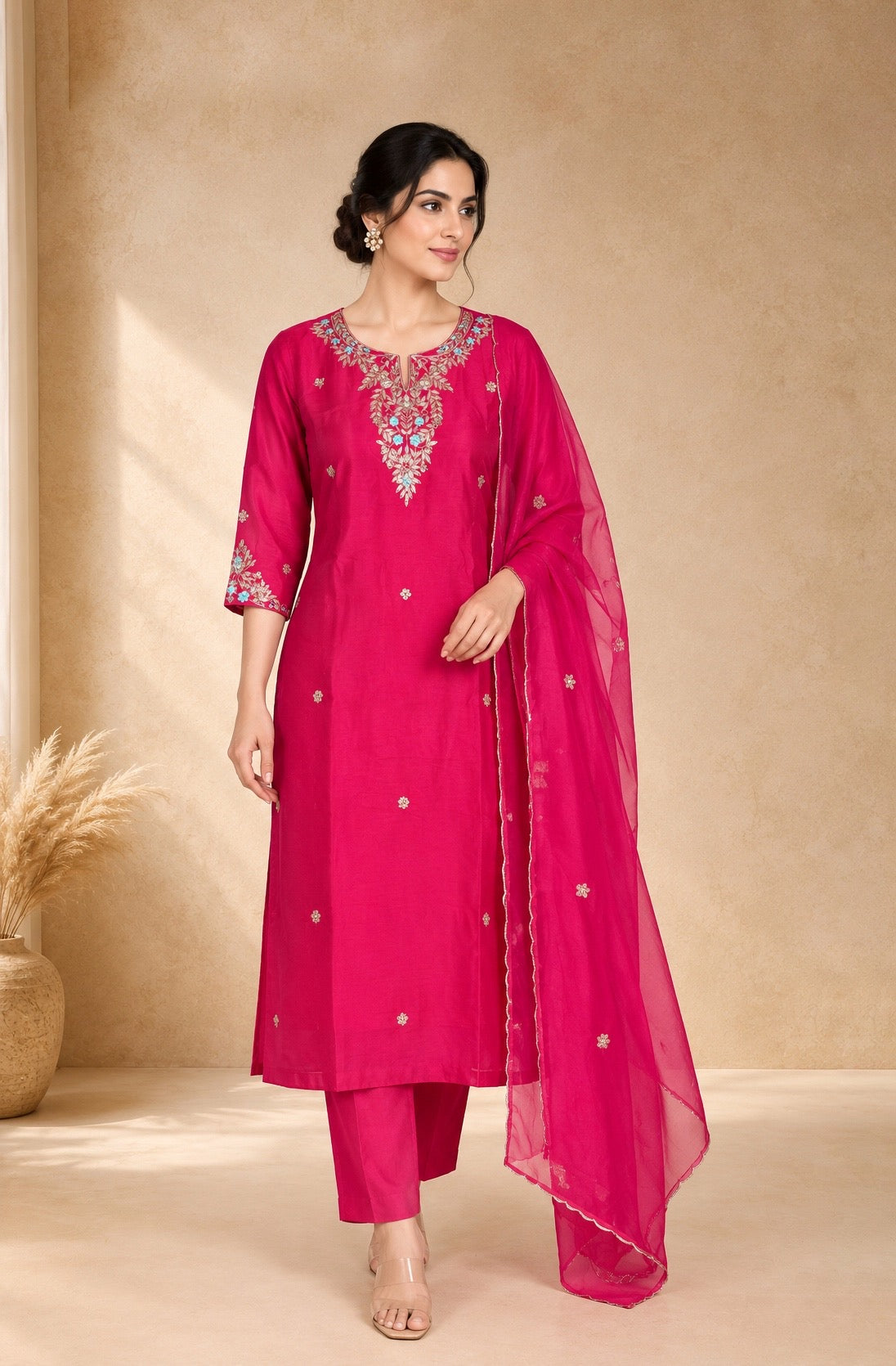 Fuchsia Floral Embroidered Kurta Set