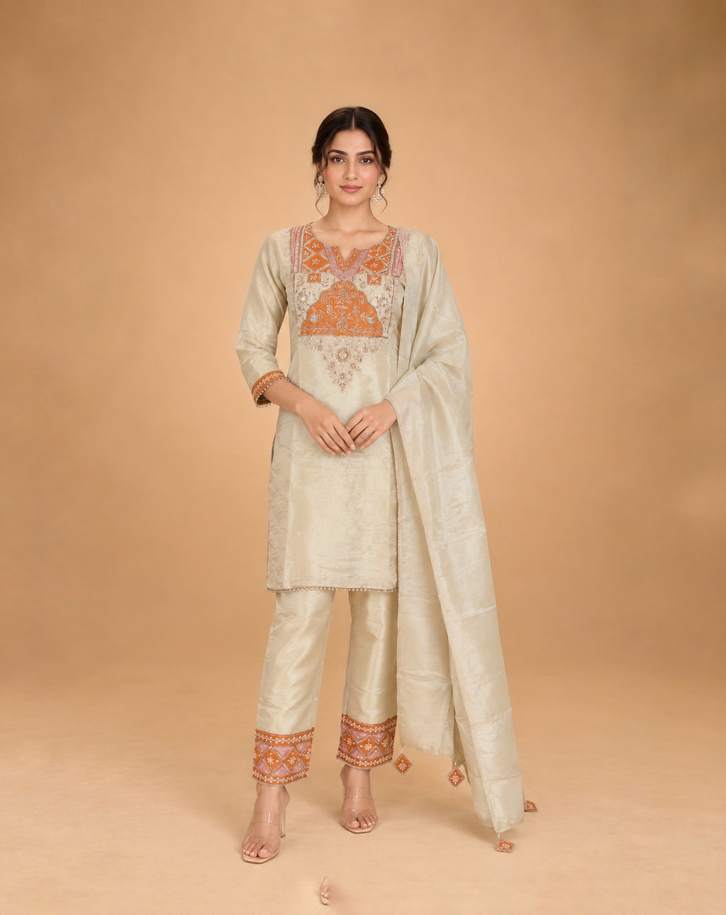 Ivory Orange Embroidered Kurta Set