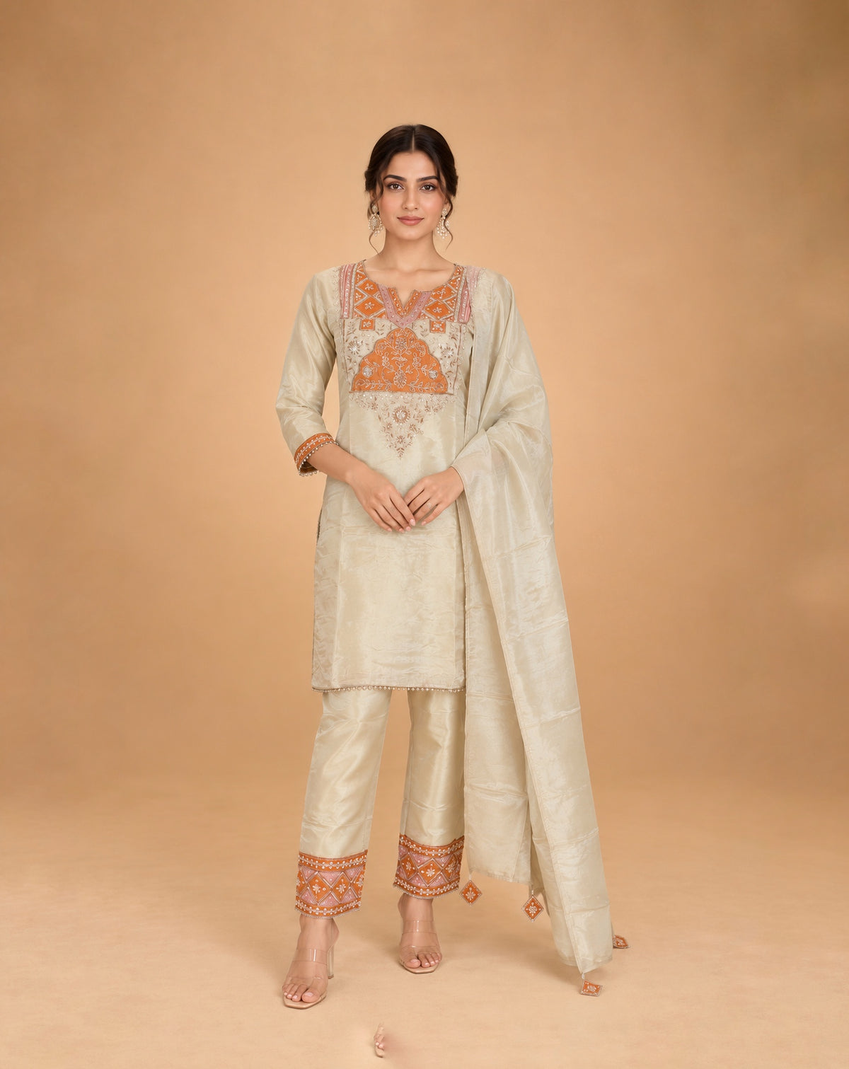 Ivory Orange Embroidered Kurta Set