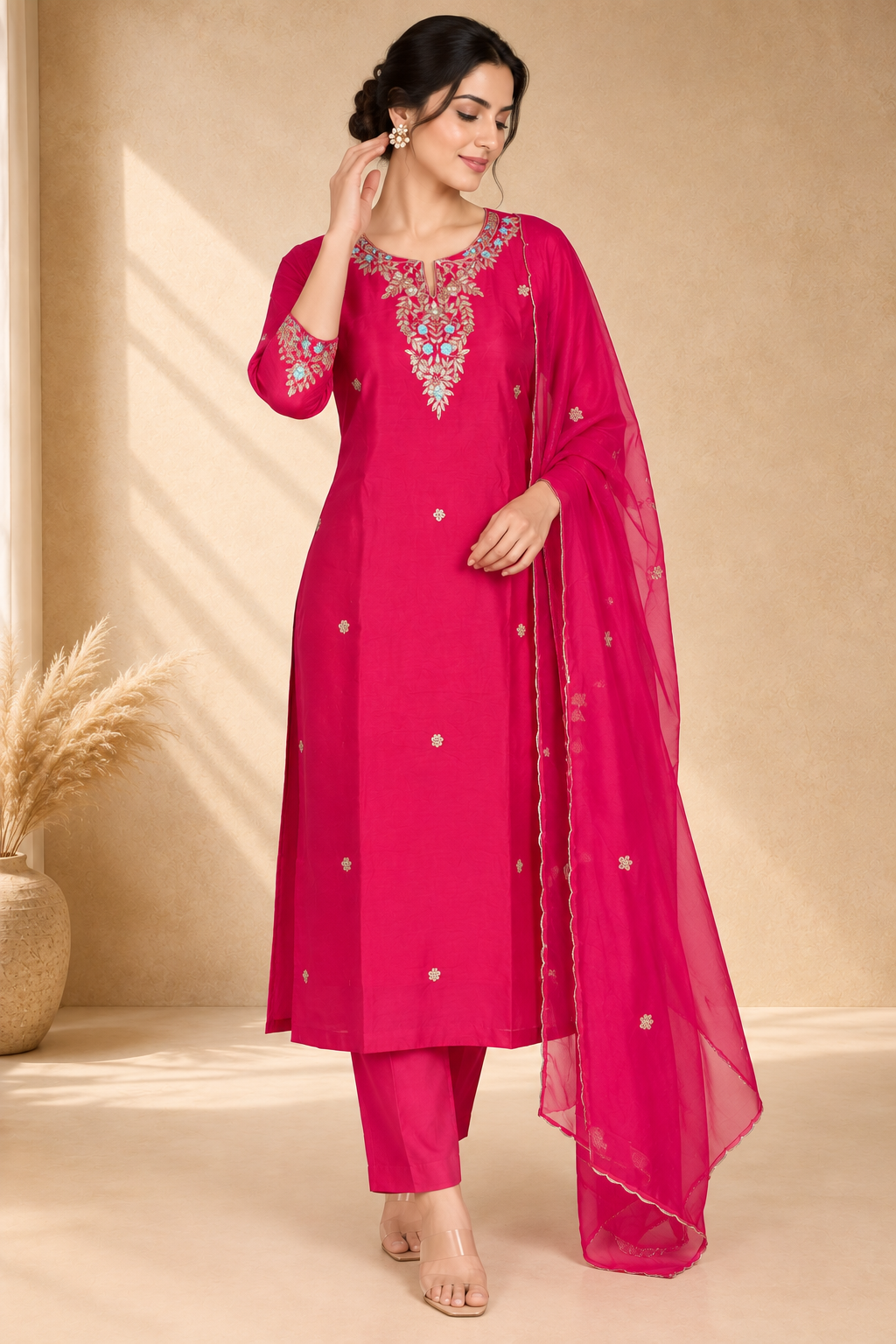 Fuchsia Floral Embroidered Kurta Set