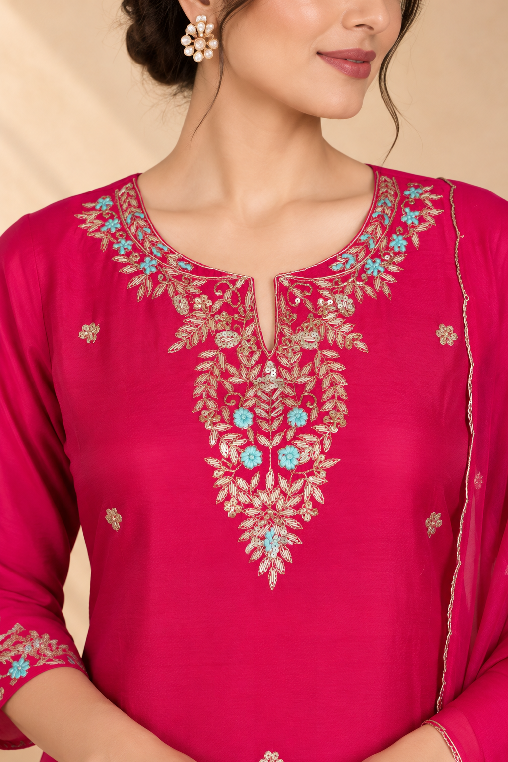 Fuchsia Floral Embroidered Kurta Set