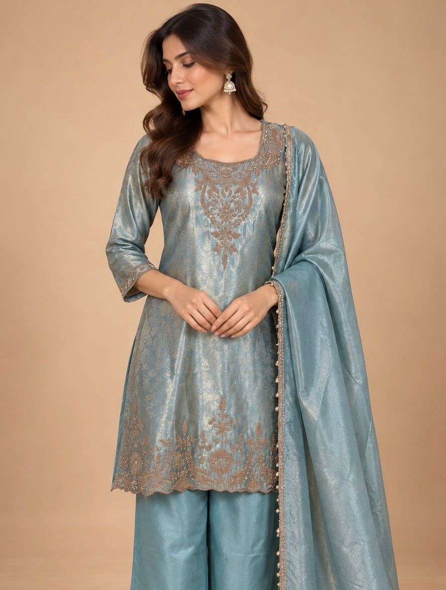 Floral Jacquard Embroidered Palazzo Set