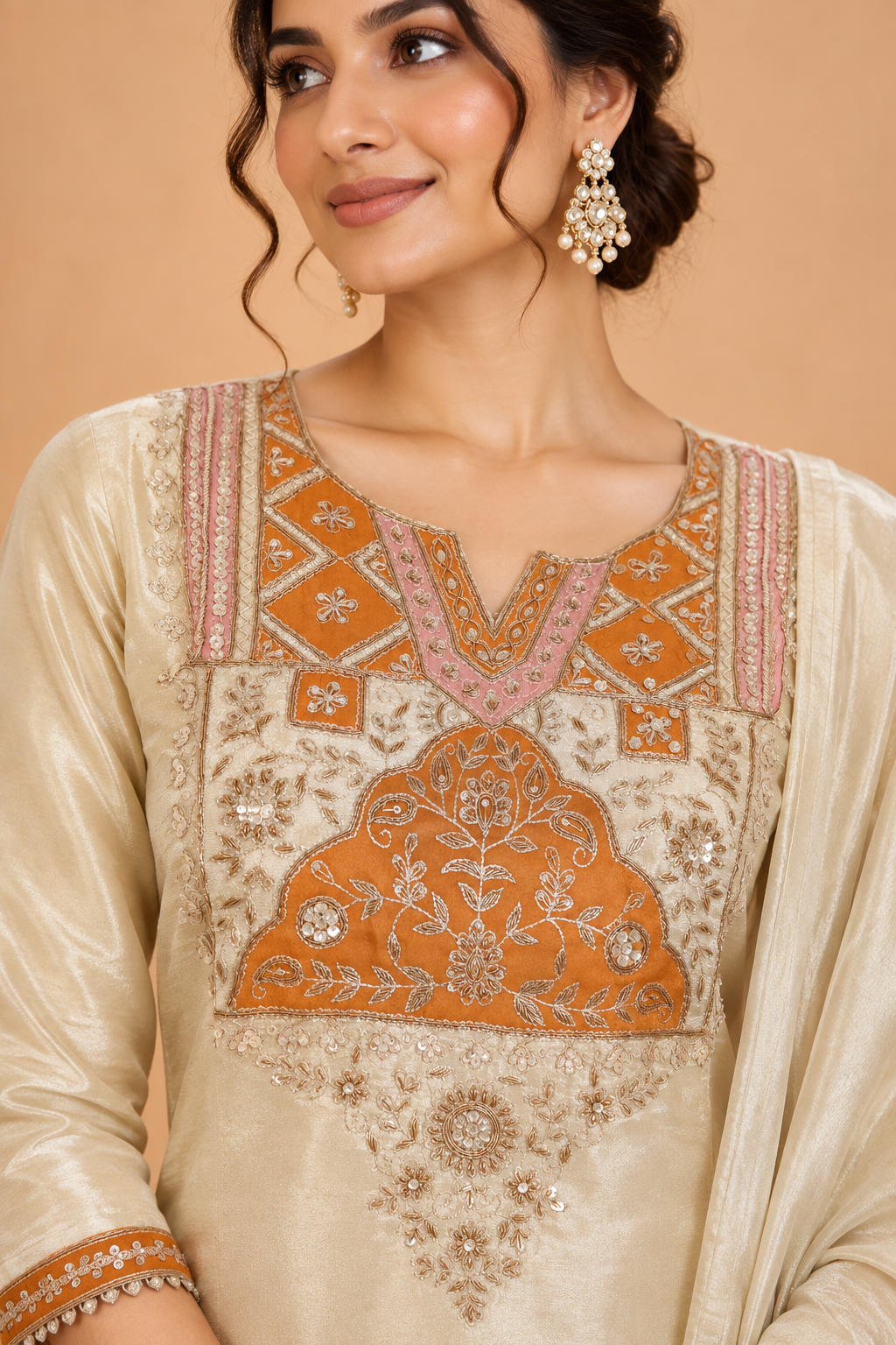 Ivory Orange Embroidered Kurta Set