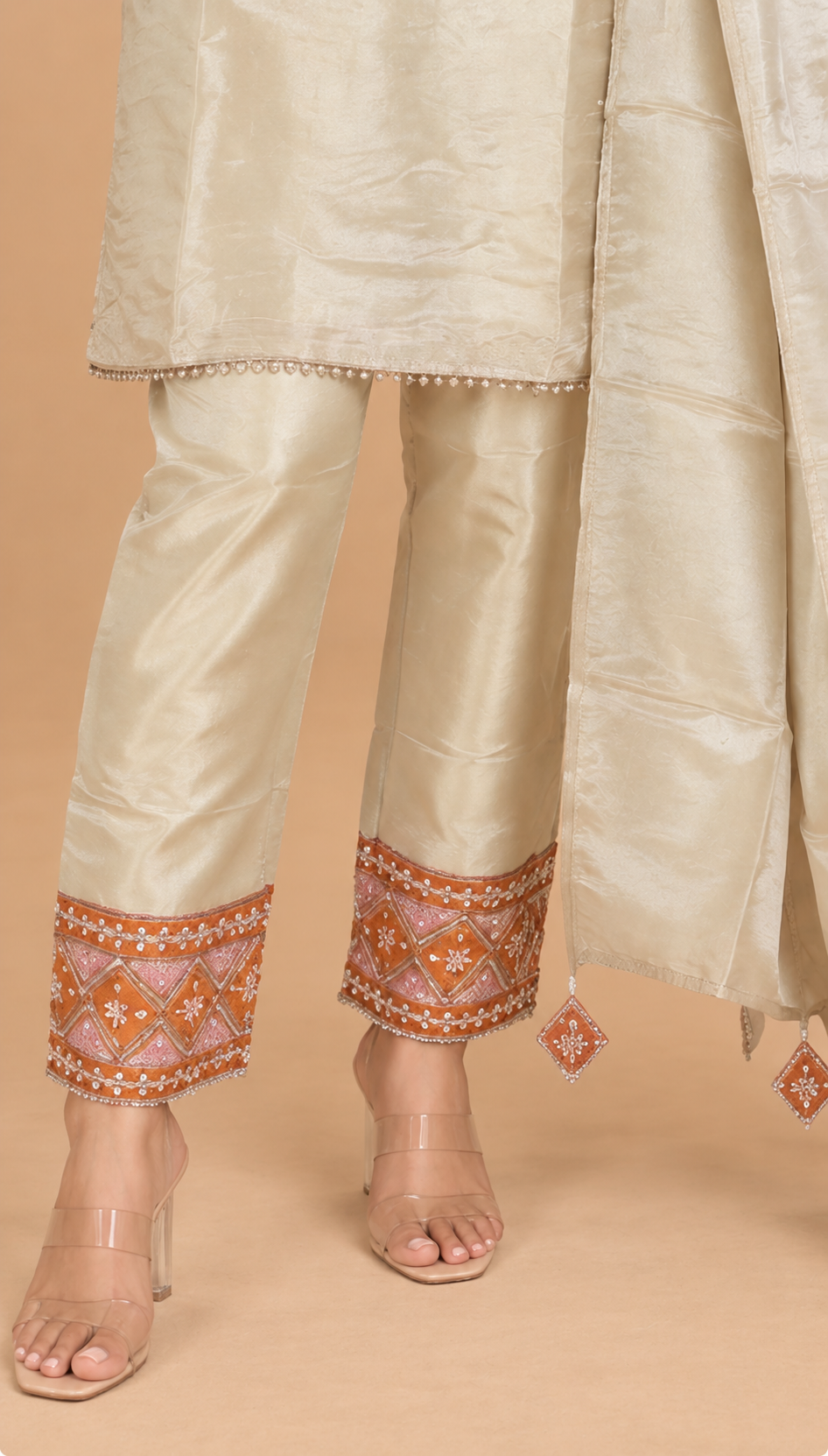 Ivory Orange Embroidered Kurta Set