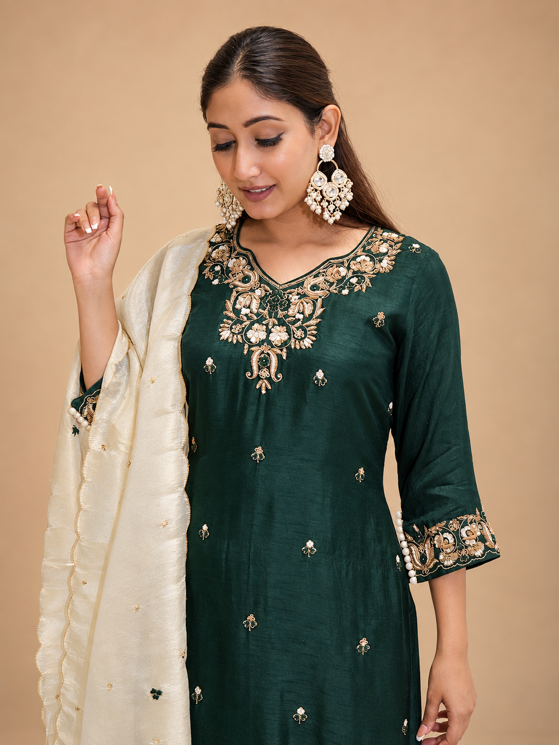 Green Embroidered Silk Suit Set