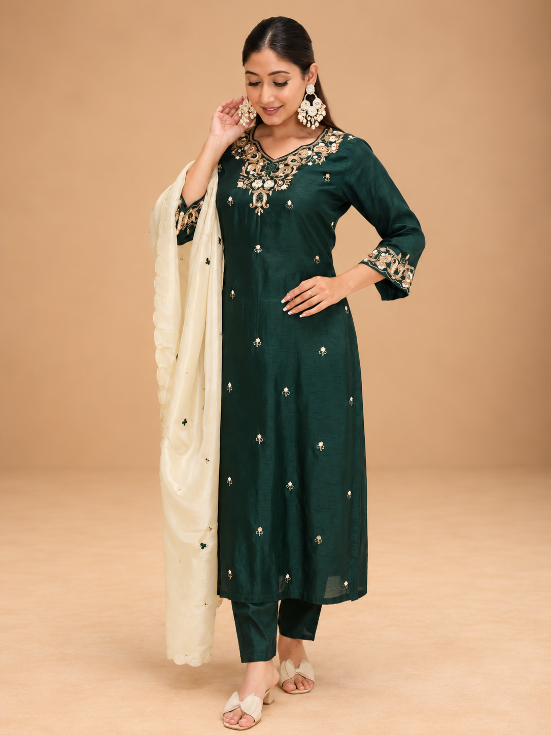 Green Embroidered Silk Suit Set