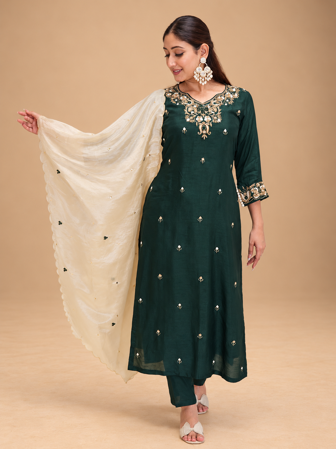 Green Embroidered Silk Suit Set