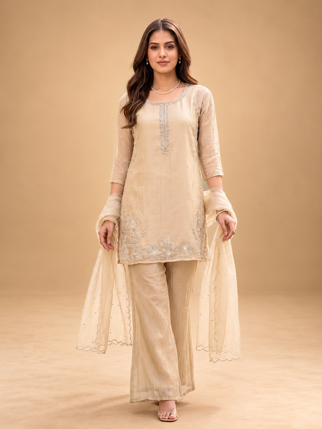 Beige Embroidered Indo-Western Set
