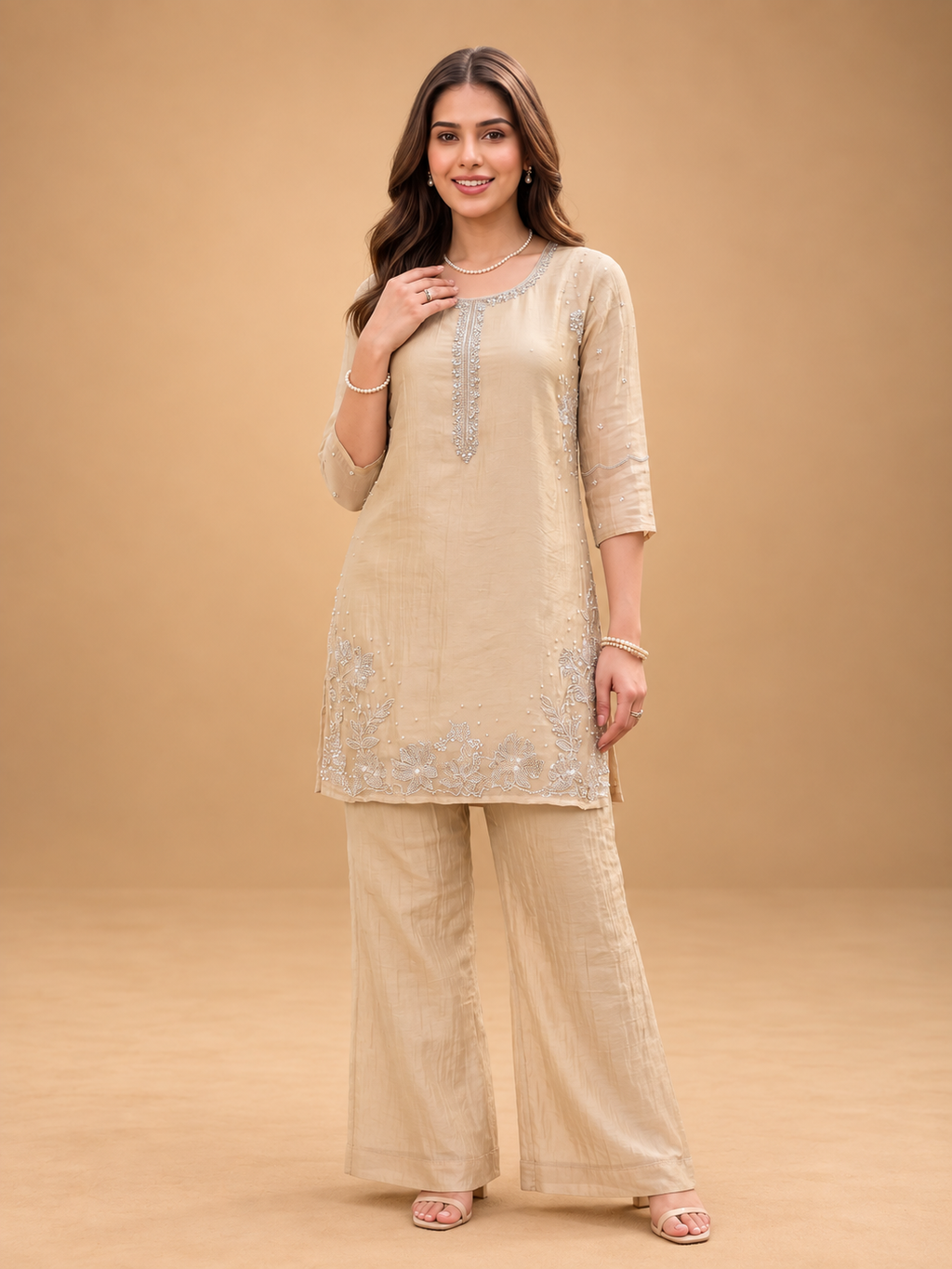 Beige Embroidered Indo-Western Set