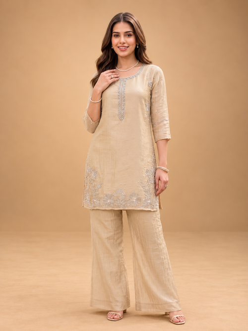 Beige Embroidered Indo-Western Set