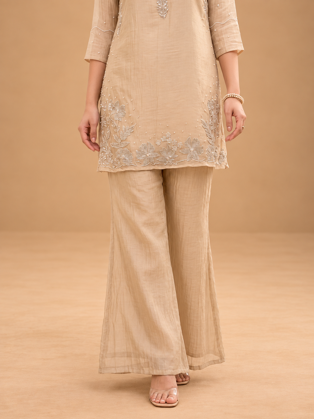 Beige Embroidered Indo-Western Set