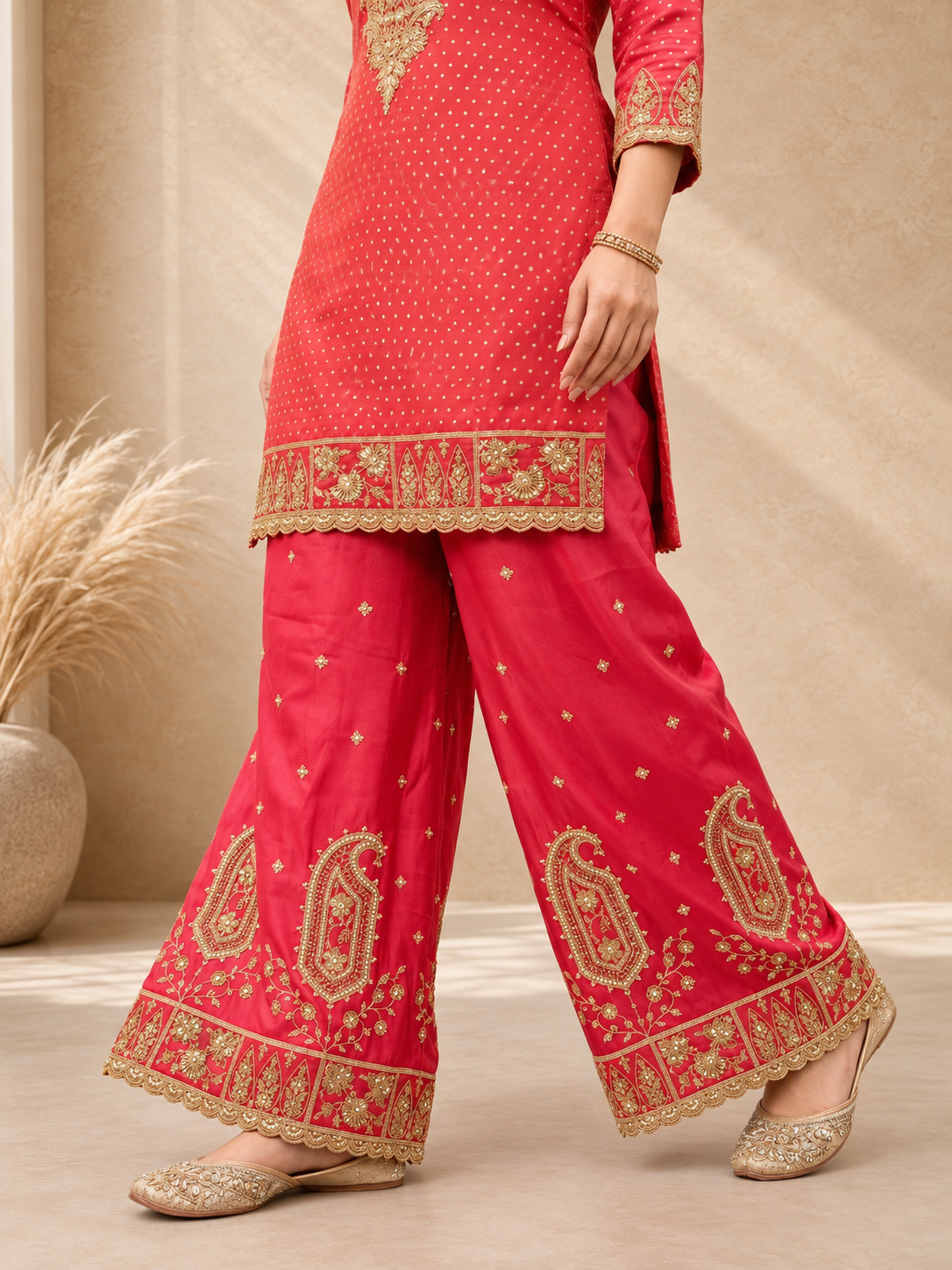Ruby Pink Silk Embroidered Set