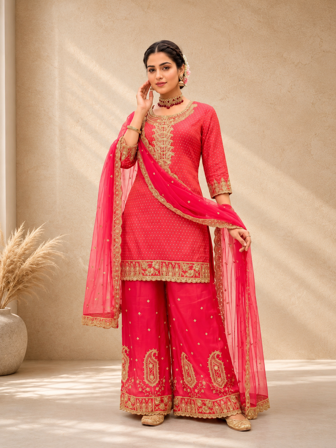 Ruby Pink Silk Embroidered Set