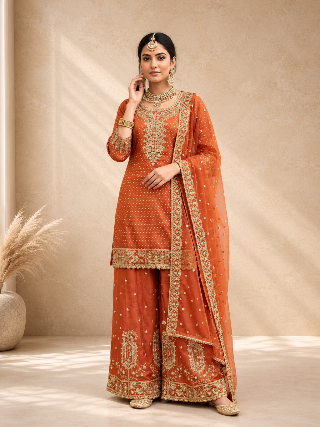 Rust Orange Silk Embroidered Suit Set