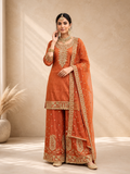 Rust Orange Silk Embroidered Suit Set