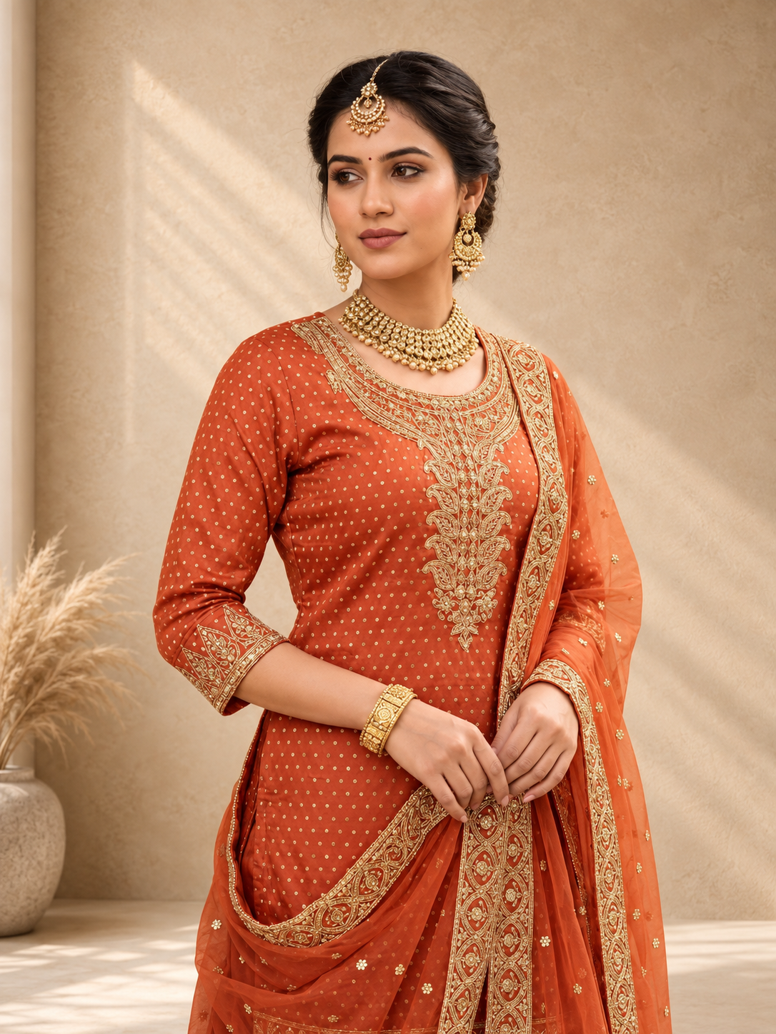 Rust Orange Silk Embroidered Suit Set