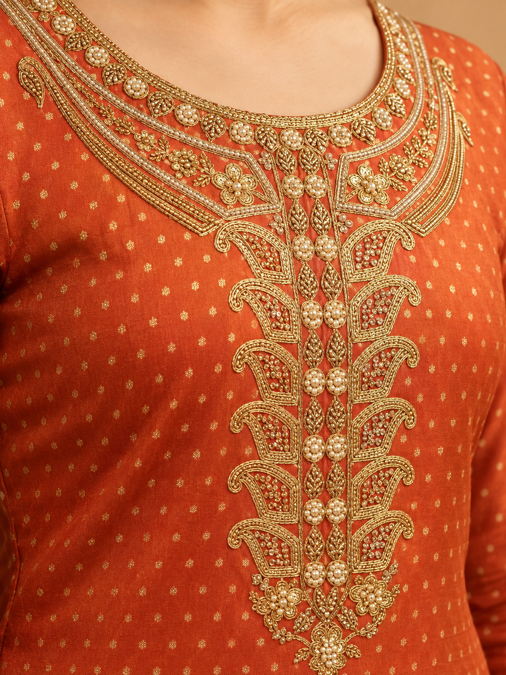 Rust Orange Silk Embroidered Suit Set