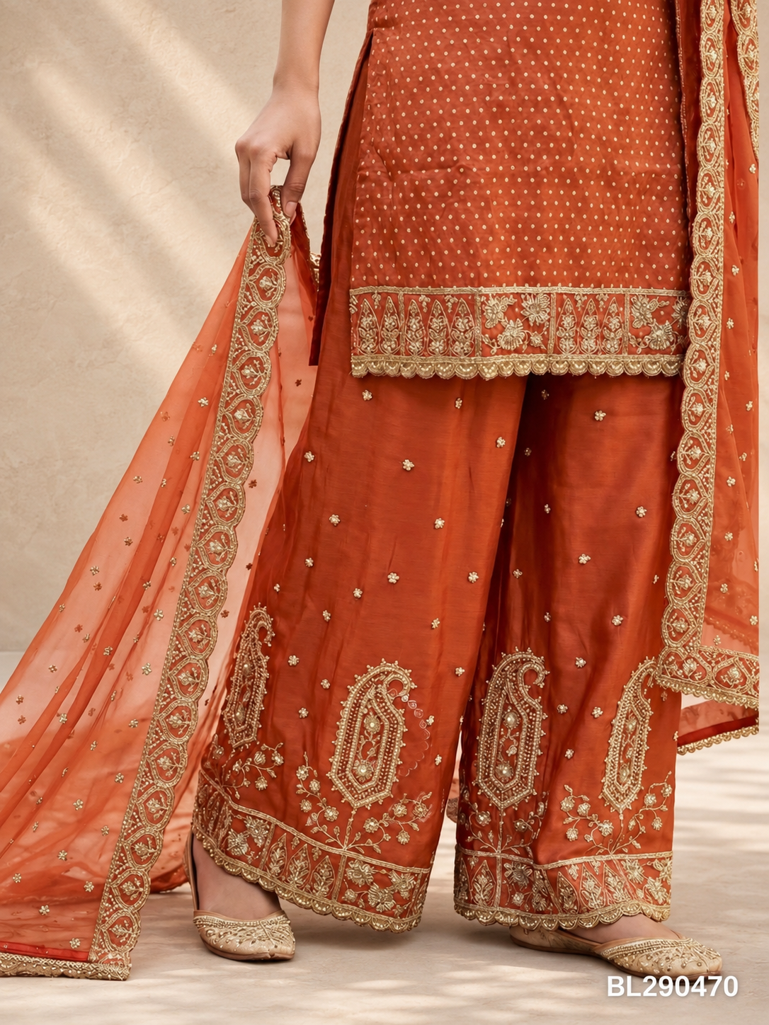 Rust Orange Silk Embroidered Suit Set