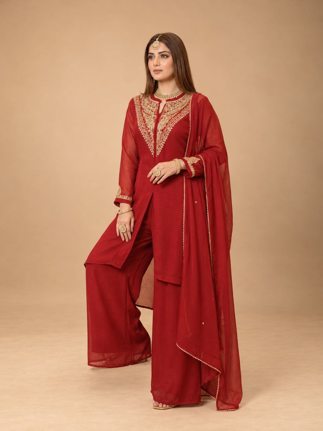Deep Red Embroidered Kurta Set