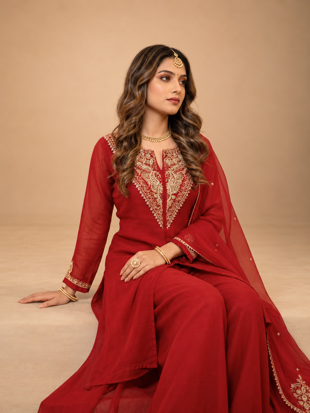 Deep Red Embroidered Kurta Set
