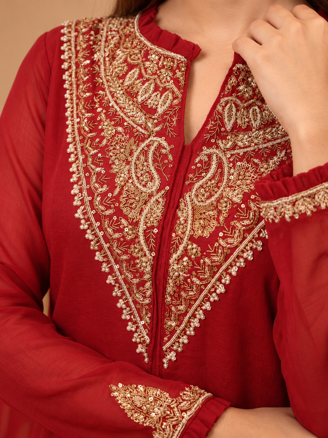 Deep Red Embroidered Kurta Set