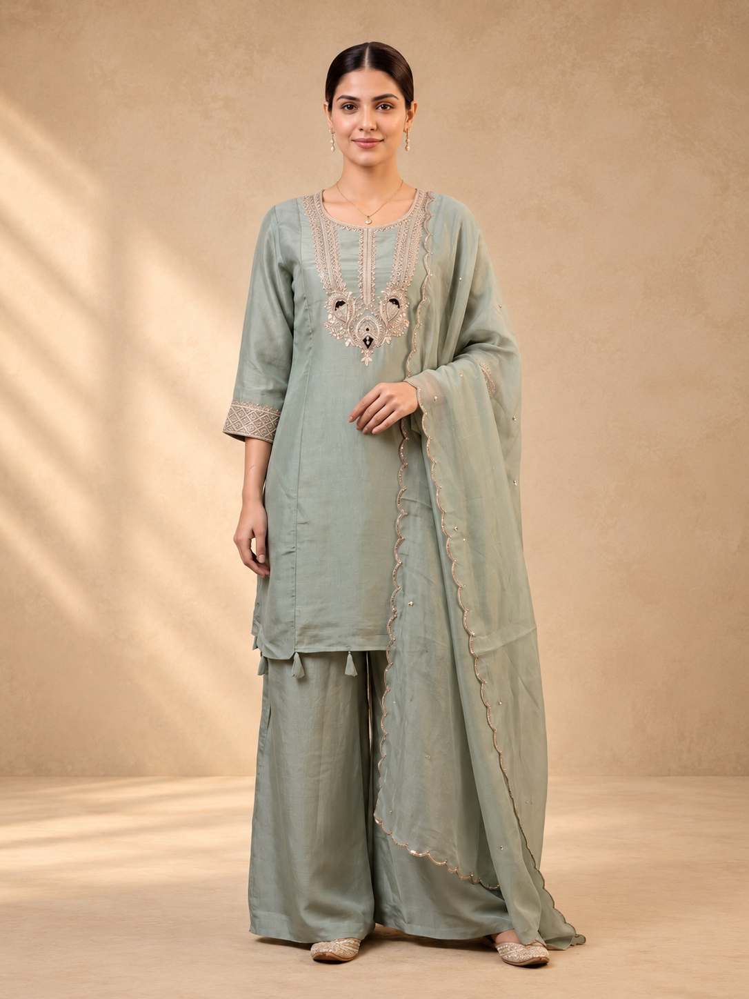 Soft Sage Embroidered Sharara Set