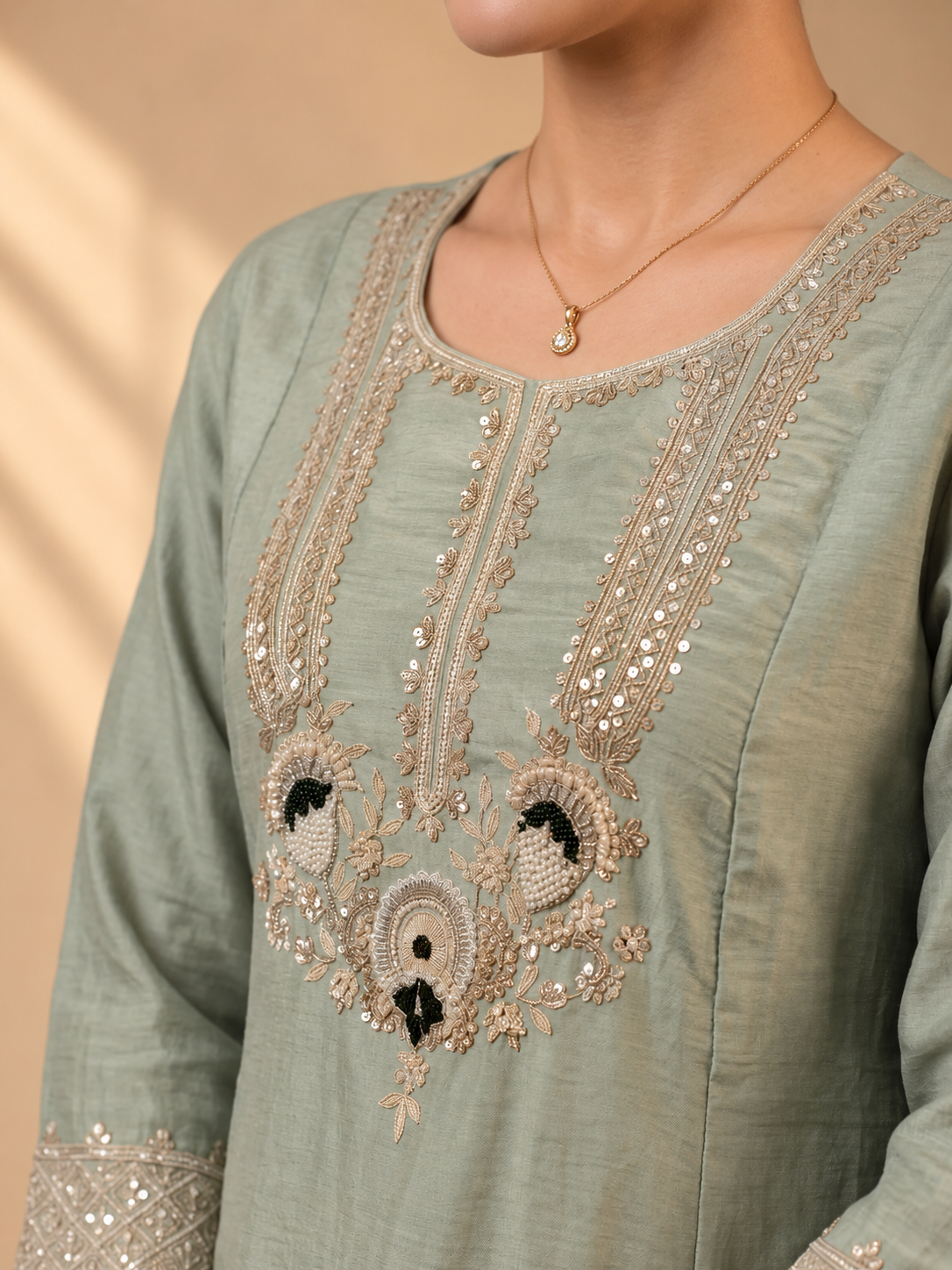 Soft Sage Embroidered Sharara Set