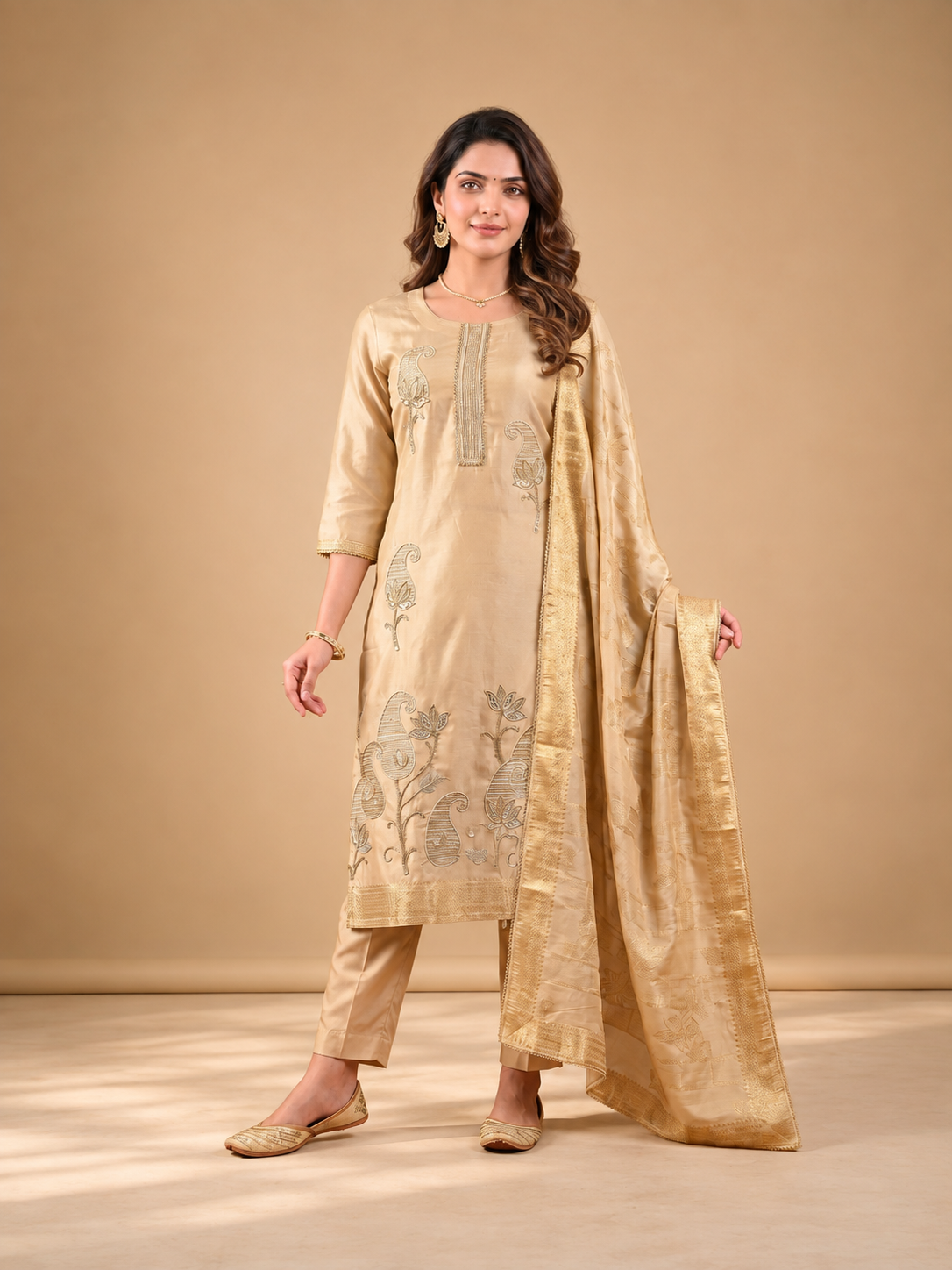Champagne Gold Embroidered Suit Set