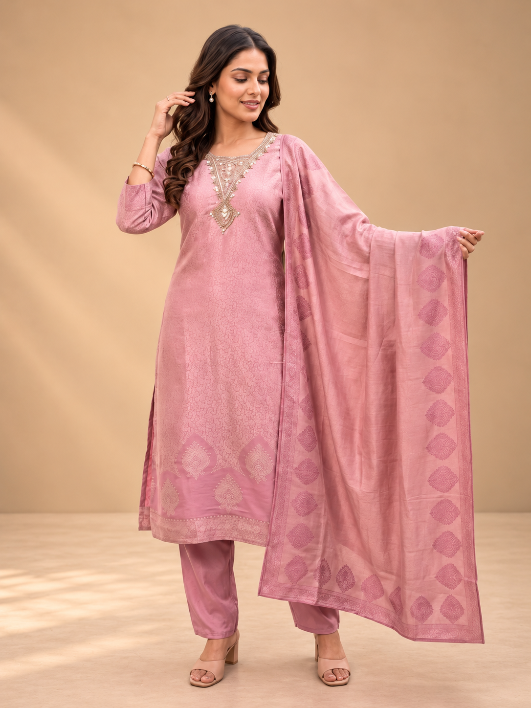 Dusty Pink Banarasi Silk Suit Set